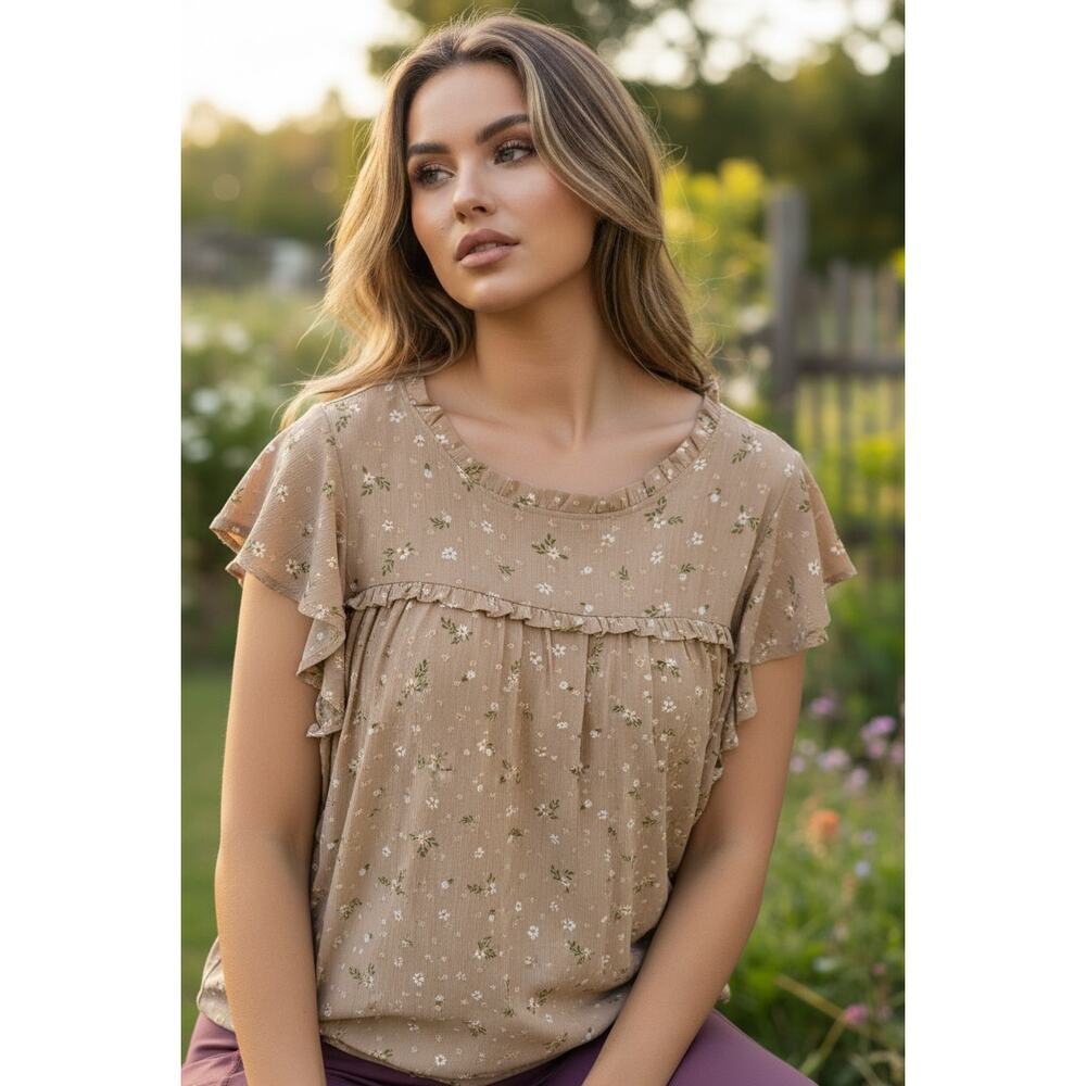 Lake Flower Tan Floral Ruffle Babydoll Top